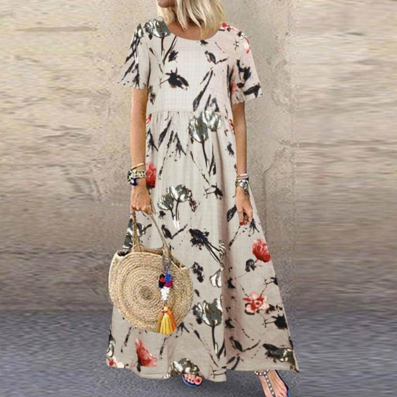 Summer Women  Printed Short Sleeve High Waist O Neck Women Maxi Dress Plus Size 