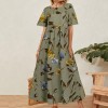 Summer Women  Printed Short Sleeve High Waist O Neck Women Maxi Dress Plus Size 