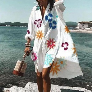 Summer Women Dresses Long Sleeve Floral Leaf Print Single-breasted Shirt Dress 