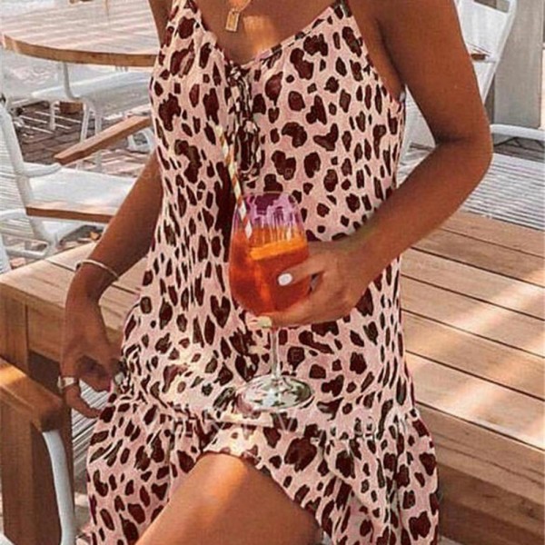 Summer Sexy V-neck Sling Dress Sleeveless Ruffled Hem Leopard Dress Sundress Lady Party wear