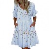 Summer Women Dress Color Block Short Ruffle Sleeve V Neck Pockets Floral Print Mini Dress 