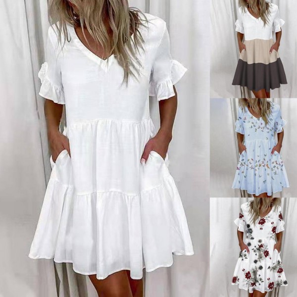 Summer Women Dress Color Block Short Ruffle Sleeve V Neck Pockets Floral Print Mini Dress 