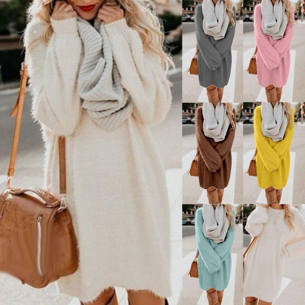  Autumn Solid Color O Neck Plush Sweater Fluffy Loose Knee-length Dress Knitted Casual Clothes  