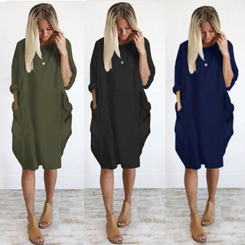 Women Casual Solid Color O Neck Long Sleeve  Knee-Length Baggy Dress Streetwear Casual Dresses