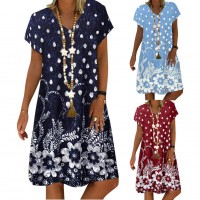 S-4XL Stylish Women V Neck Short Sleeve Floral Loose Knee-length Dress Vacation Beach Dress