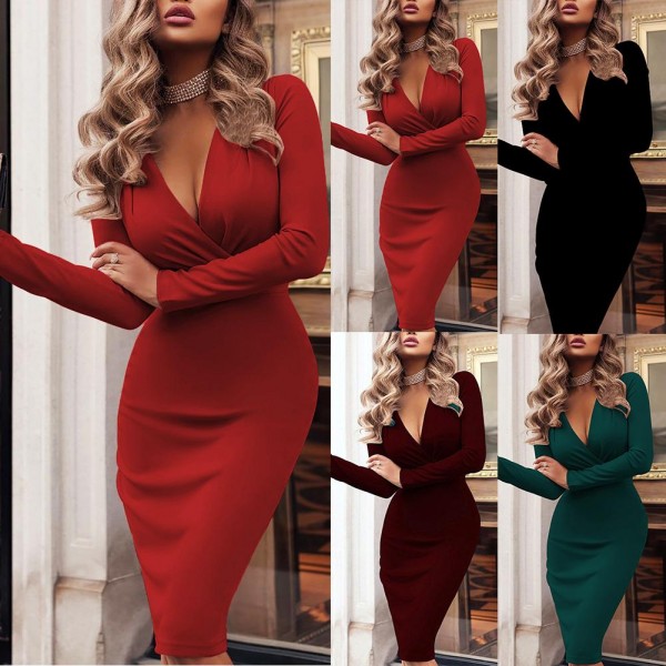  Women Autumn Long Sleeve Deep V Neck Pleated  Knee-length Dress Casual  High Stretchy Package Dress 