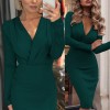  Women Autumn Long Sleeve Deep V Neck Pleated  Knee-length Dress Casual  High Stretchy Package Dress 