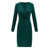  Women Autumn Long Sleeve Deep V Neck Pleated  Knee-length Dress Casual  High Stretchy Package Dress 