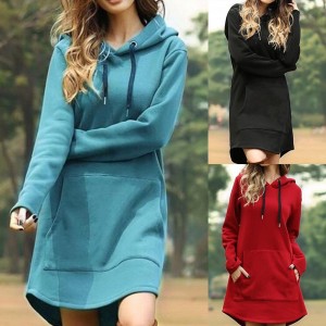  Women Hoodie Dress Casual Long Sleeve Pocket Drawstring Loose Hoodie Mini Dress