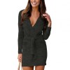 Fashion Elegant Women Solid Color V Neck Long Sleeve Waist Bandage Knitted Bodycon Mini Dress