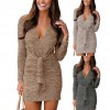 Fashion Elegant Women Solid Color V Neck Long Sleeve Waist Bandage Knitted Bodycon Mini Dress