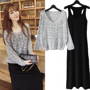 Women Long Sleeve V Neck Knit Pullover Top Vest Dress Two-Pieces Suits Loose Dress Winter