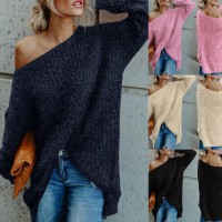 Women Sexy Off Shoulder Knitted Sweater Solid Loose Flare Sleeve Pullover Jumpers 