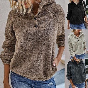Women Casual Sweatshirts Warm Plush Solid Color Long Sleeve Hooded Sweatshirt