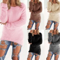 Women Autumn Winter O-Neck Long Sleeve Loose Pullover Fuzzy Sweater