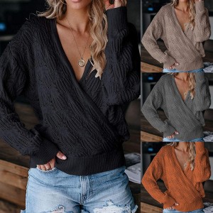 Women Sweater Deep V Neck Wrap Hollow Long Sleeve Sweater