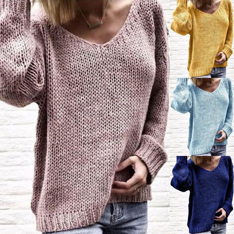 Women Warm Sweater Autumn V-Neck Fashion Casual Loose Pullovers Sweater