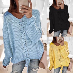 Autumn Winter Women Solid Color V Neck Long Sleeve Sweater