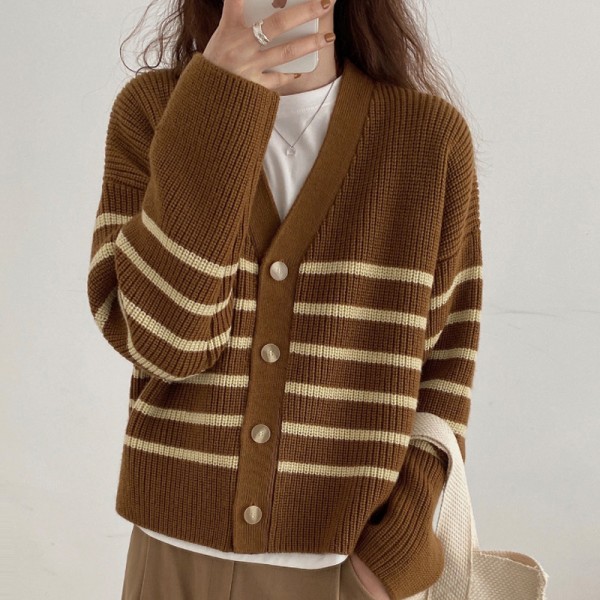 Stripe Sweaters Women Loose Knitted Cardigans Autumn Winter V-neck Single-breasted Ladies Tops Chic Full Sleeve Female Knitwear