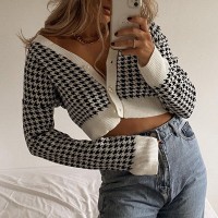 Cardigan Women Houndstooth Print Vintage Crop Top Ladies Knitted Sweater Short Cardigan Autumn Fashion Jumper Ladies Streetwear