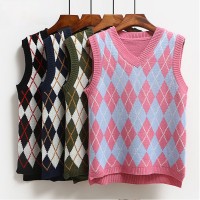 Women Argyle Knitted Vest Sweaters  Spring Autumn  Sleeveless V-Neck Tank Tops Sweater