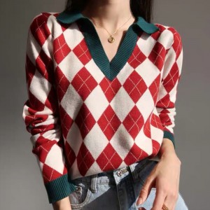 Women  Casual Loose Knitted Sweater Patchwork Vintage Pullover