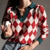 Women  Casual Loose Knitted Sweater Patchwork Vintage Pullover