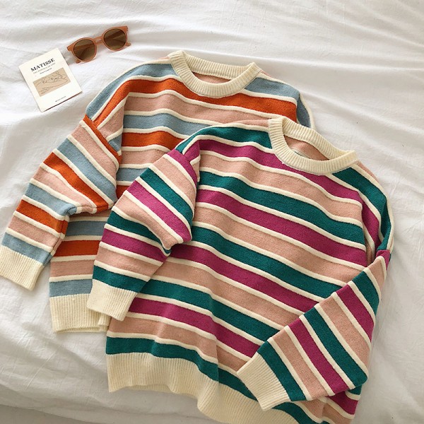 Autumn Winter Women Loose Long Sleeve  Pullover   Stripe Knitted Sweater