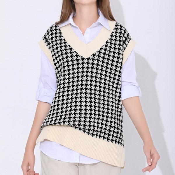 Women Sweaters Houndstooth Knitted Vest Pullovers Fashion Vest Sleeveless Sweater