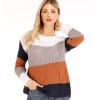 Women Casual Patchwork Loose Pullover Long Sleeve Fashion Striped Knitted Sweater