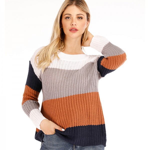 Women Casual Patchwork Loose Pullover Long Sleeve Fashion Striped Knitted Sweater