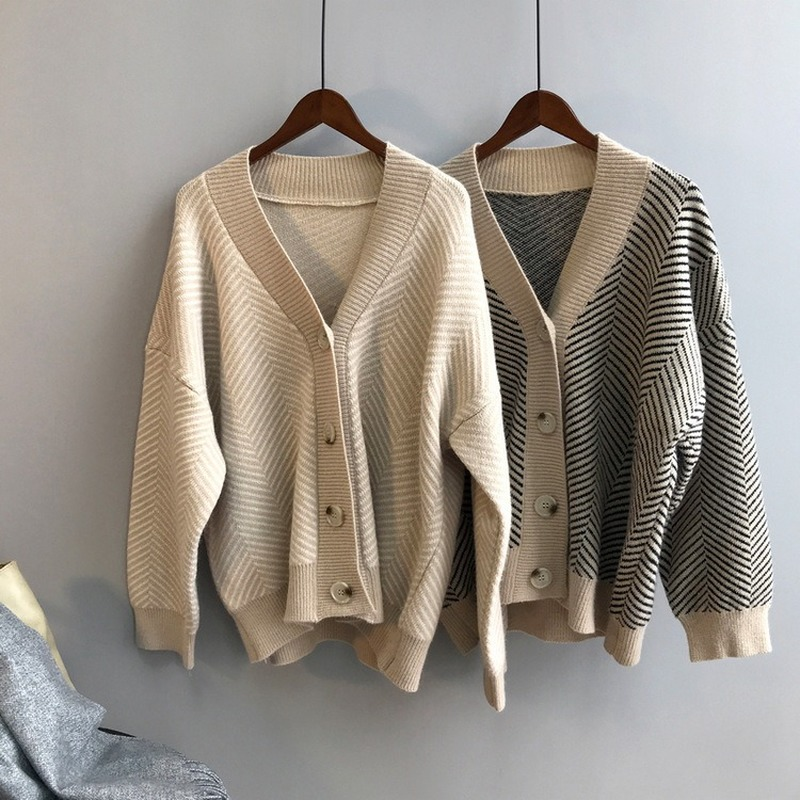 Women Knitted Striped   V-Neck  Loose Cardigan Sweater  Long Sleeve 