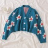 Women Cardigan Sweaters Loose V Neck Flower Coat College Short Knitted Cardigan