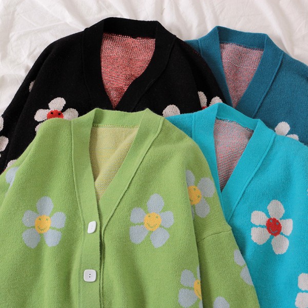 Women Cardigan Sweaters Loose V Neck Flower Coat College Short Knitted Cardigan