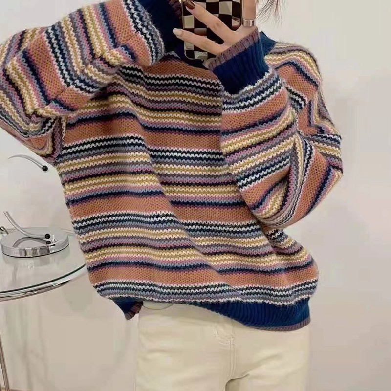 Women Striped Sweater  Long Sleeve Jumpers  Knitted Sweater  Loose Short Sweater