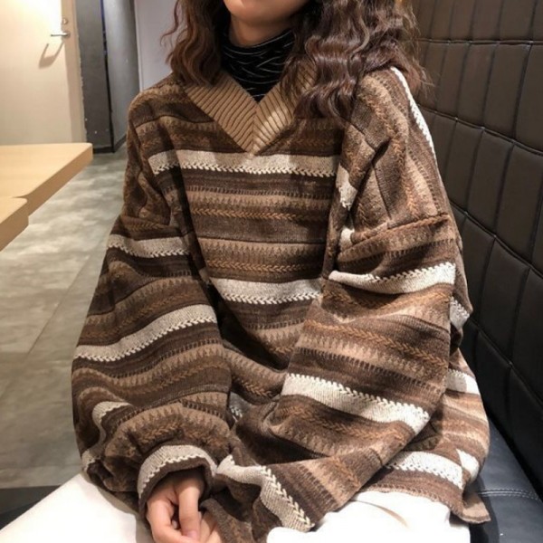 Women Autumn Winter Oversized Sweaters Casual Stripe Knitted Pullover Vintage Loose Sweater 