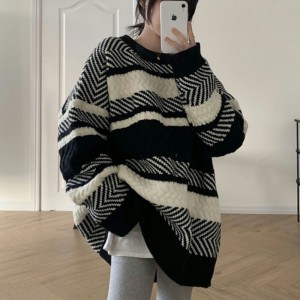 Women Oversize   Stripe  Sweater Autumn Winter Loose Pullover Fashion Vintage Jumper Knitwear