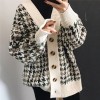 Houndstooth Cardigan Women Autumn Winter Oversize Knitted Sweater Ladies Tops