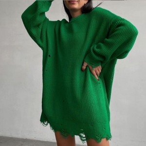 Spring Fall Fashion Green Hole Sweater Casual Mini Loose Knitted Womens Dress