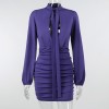 Women Elegant Purple V-Neck Long Sleeves Mini Dresses Sexy Casual Bodycon Tie Dress