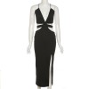 Women Black Sexy Backless Cutout Midi Dress Sleeveless Elegant Straps V Neck Dresses