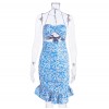 New Blue Print Ruffle Halter Mini Dress One Piece Sexy Bodycon Split For Women