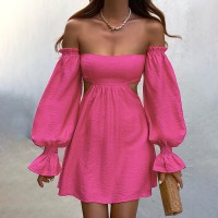 Women Fashion Elegant Green Slash Neck Puff Long Sleeve Sexy Backless Casual Mini Party Dresses