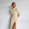 Fashion Green Knit Middle Neck Long Sleeves Sexy Casual Party Split bodycon Dresses