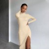 Fashion Green Knit Middle Neck Long Sleeves Sexy Casual Party Split bodycon Dresses