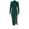 Fashion Green Knit Middle Neck Long Sleeves Sexy Casual Party Split bodycon Dresses