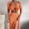 Women's Sexy Hollow Out Hollow Slit Casual Long Dress Short Sleeves Casual Sexy Midi Dress