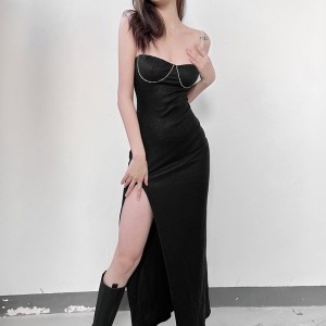 Women's Sexy Bright Black Spaghetti Strap Backless Split Maxi Casual Dresses