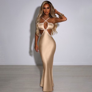 2022 Summer Sexy Solid Backless Casual Cutout Poplin Maxi Dresses For Women