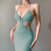 Green Sling Backless Casual Dress Women's Sexy Bodycon Maxi Dress
